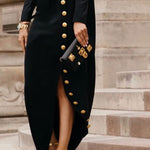 Long Sleeves Loose Asymmetric Buttoned Split-Joint Split-Side Mock Neck Maxi Dresses