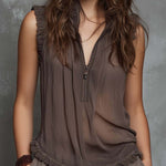 Boho Soft-Flow Zip Neck Sleeveless Top