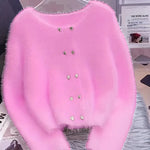 Luna ��� Fluffy Heart-Button Knit Sweater