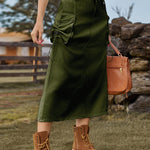 Nadorine Women's Casual High Waist Denim Midi Skirt Drawstring Adjustable Long Jeans Skirt with Pockets