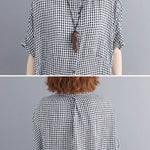 Artistic Retro Loose Split-Joint Plaid Buttoned Stand Collar Half Sleeves Midi Dress