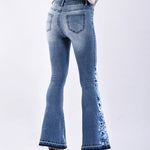Stretch Embroidered Print Denim Wide Leg Trousers