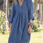 Solid Color Loose V-neck 3/4 Sleeve Loose Mid Linen Dress