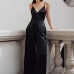 Black Satin Spaghetti-Strap Wide-Leg Jumpsuit
