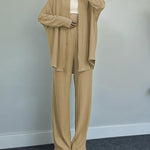 Elegant Solid Color Long-Sleeve Shirt Cardigan & Wide-Leg Pants Casual Set