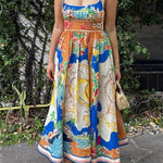 Unique Printed Lace-up Suspender Pockets Casual Resort Style Midi Dress
