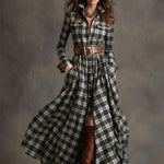 Retro Ethnic Style Lapel Reddish Brown Plaid Maxi Dress
