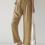 High Waist Trousers Solid Color Palazzo Pant Beach Casual Boho Drawstring Bottoms
