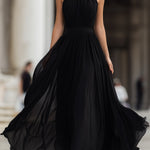 Black Halter Neck Pleated Chiffon Maxi Dress