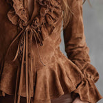 Vintage Caramel Eco-Suede Ruffle Blouse With Lace Trim