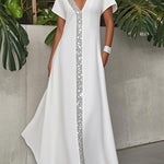 A-Line Loose Pockets Shiny Solid Color V-Neck Maxi Dresses