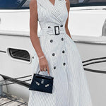 A-Line Sleeveless Split-Joint Striped Tied Waist Lapel Midi Dresses Shirt Dress