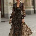 Leopard Print Wrap Midi Dress With Long Sleeves