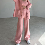 Elegant Three-pieces Knitwear Set Crop Vest Button Sweater Cardigant and Wide Leg Pant Outfits