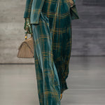 Retro And Fashionable Green Plaid Velvet Blazer High Waist Wide Leg Pants Set