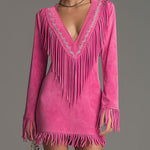 Western-style Retro Embroidered Tassel Pink Faux Suede Mini Dress