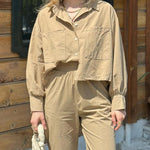 Solid Color Long Sleeve Crop Top with Pockets and High Waisted Nine-Quarter Pants Two-Piece Set