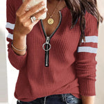 Striped Print Zipper Front Long Sleeve Top  Waffle Knit Loose Fitting Tunic Tops