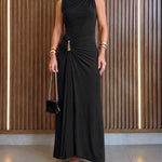 Women's Sleeveless Gold Buckle Ruched Maxi Evening Dress