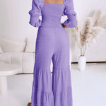 Sweetheart Neck Puff Sleeve Drawstring Front Shirred Overalls Casual Cutout Front Ruffle Hem Wide Leg Jumpsuit
