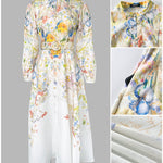 French Style Floral Print Stand Collar Lantern Sleeve Button Down Evening Dress Cinched Waist Vacation Dress with Belt