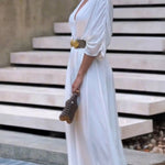 Deep V-Neck Ruched Three Quarters Sleeve Backless Overalls Casual Waist-Gathered Tied Detail Jumpsuit without Belt