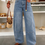 Women's High Waist Seam Detail Washed Wide Leg Cropped Jeans