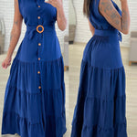 Turn-down Collar Sleeveless Button Front Dress Casual Belted Slit Ruched Maxi Dress