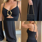 Women's Gold Ring Hollow Out Wide Leg Jumpsuit Backless Adjustable Strap Romper Elegant Party Jumpsuit
