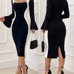 Women's Colorblock Bodycon Dress Square Neck Bell Sleeve Back Slit Party Dress