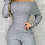2 Pieces Outfit Button Decor Foldover Off Shoulder Slim Fit Top and Elastic Waist Wide Leg Pants Set Casual Ribbed Set