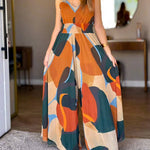 Abstract Print V-Neck Stretchy Thick Straps High Waist Backless Overalls Casual Shirred Waist Cinched Waist Wide Leg Jumpsuit