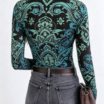 Women's Vintage Print Long Sleeve Top Slim Fit Crewneck Tee Retro Stretchy Base Layer Shirt with Thumb Holes