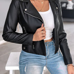 PU Leather Notched Collar Zipper Design Biker Jacket