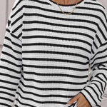 Women's Striped Textured Knit Long Sleeve T-Shirt Casual Side Slit Loose Fit Top