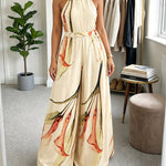 Women's Elegant Ink Floral Print Wide Leg Jumpsuit Casual Sleeveless Vacation Overalls with Belt