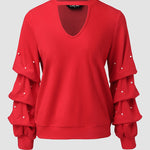 Keyhole Neck Long Sleeve Pullover Top Beaded Hollow Out Blouse Top