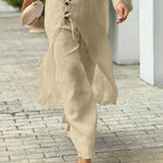 2 Pieces Outfit Button Decor One Shoulder Turn-Up Sleeves Slit Raw Edges Top and Casual Drawstring Elastic Waist Wide Leg Pants Set