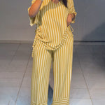 Women's Striped 2 Piece Outfits V Neck Short Sleeve Drawstring Top and Wide Leg Pants Set with Pockets
