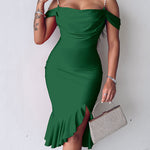 Women's Cold Shoulder Adjustable Pearls Straps Bodycon Dress Cowl Neck Asymmetrical Ruffle Hem Party Dress