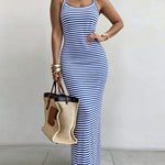 Women's Striped Ribbed Knit Maxi Dress Slim Fit Sleeveless Cami Dress Beach Vacation Sundress
