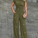 Women's Glitter Textured Two Piece Outfits Plisse Skew Neck Ruched Top and High Waisted Straight Leg Pants Set