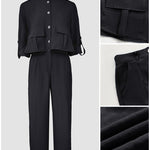 2 Pieces Outfit Turn-down Collar Turn-Up Sleeves Button Front Flap Pockets Design Top and Causal Zipper Fly Elastic Back Waist Wide Leg Pants Set