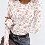 Women's Ditsy Floral Print Crew Neck Long Sleeve Slim Fit Top with Thumbholes