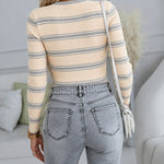 Women's Striped Ribbed Knit Top Slim Fit Long Sleeve Henley Shirt Gold Button Pullover