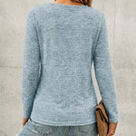 Women's Pleated V Neck T-Shirt Long Sleeve Button Decor Tee Casual Layering Top