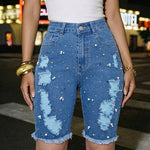 Women's Y2K Rhinestone Pearl Denim Bermuda Shorts Ripped Raw Hem Distressed Colorful Embellished Jean Shorts