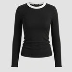 Women's Ribbed Long Sleeve Top Contrast Trim Crew Neck Fitted T Shirt