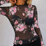 Women's Sheer Mesh Vintage Floral Print Mock Neck Frill Trim Long Sleeve Top