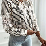 Striped Contrast Floral Lace Patchwork Long Sleeve Pullover Casual Lace Drawstring Hoodie Sweatshirt